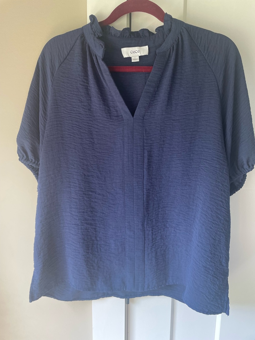 CeCe Navy Short Sleeve Ruffle-Trim Blouse - Like New!